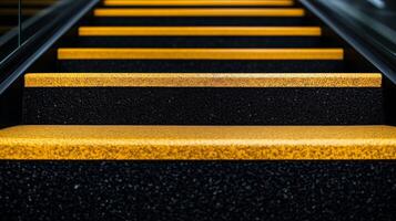 A close up of a yellow and black escalator photo