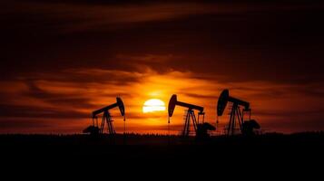 Oil pump jacks in operation with a dynamic sunset photo