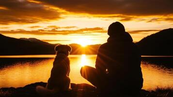 person and dog enjoy sunset view photo