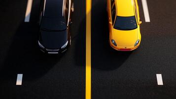 Two cars are driving on a road photo