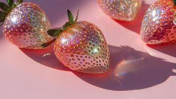 Several iridescent strawberries on the pink background photo