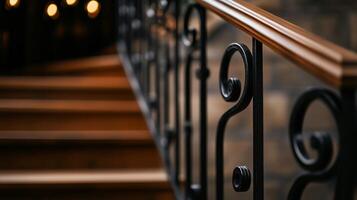 A black wrought iron stair railing with candles in the background photo