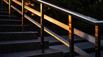 A metal railing on a stairway at sunset photo