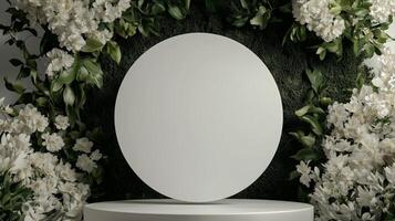A white oval mirror on a pedestal surrounded by flowers photo