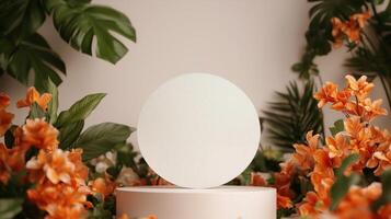 A white oval on a pedestal surrounded by orange flowers photo