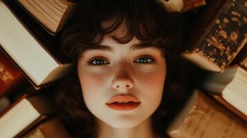 A woman is surrounded by books close up photo