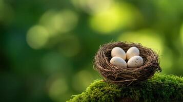 Nest with three eggs on mossy background photo