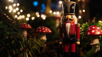 A regal nutcracker stands proudly amidst a whimsical woodland scene photo