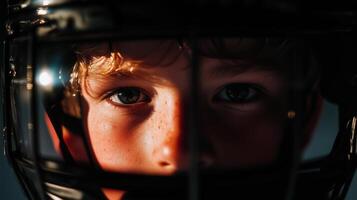 A close up of a young boy wearing a hockey helmet photo