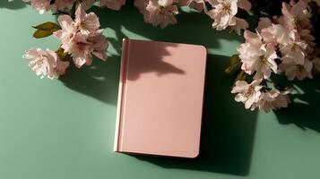 A stylish pink notebook lies atop a mint green background photo