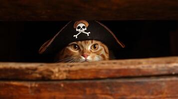 A sweet cat in a classic pirate hat cautiously peeks out photo