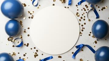 Blue balloons and confetti on a white background photo