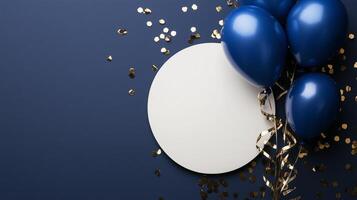 Blue and gold balloons with a white circle on a blue background photo