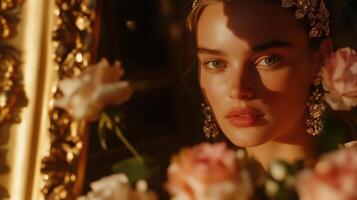 A woman with a flower in her hair and a gold mirror photo