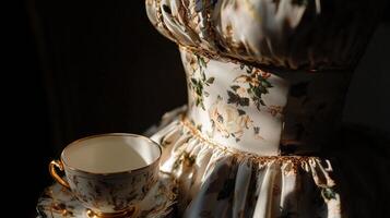 A dress with a cup and saucer on a table photo