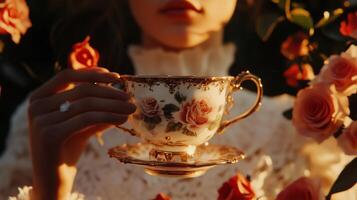 A woman holding a tea cup with roses photo