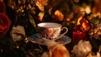 A cup and saucer sitting on a flowery field photo
