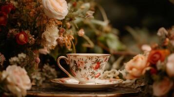 Flowers and tea cup photo