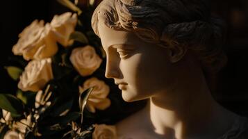 A statue of a woman with flowers in front of her photo