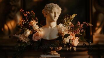 A bust of a woman with flowers in front of a painting photo