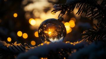 A christmas ornament is shown in the snow photo