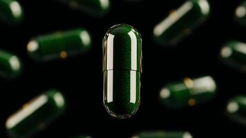 A green capsule is surrounded by many other pills photo