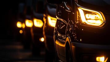 A row of cars with headlights on at night photo