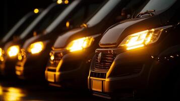 A row of trucks with headlights on at night photo