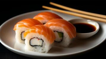 Four salmon sushi rolls, wasabi, soy sauce photo