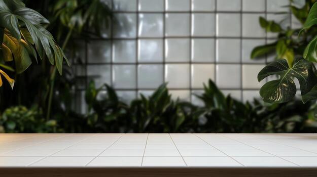 Table with plants and a wall in the background photo