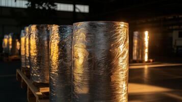 A large stack of aluminum tubes on a pallet photo
