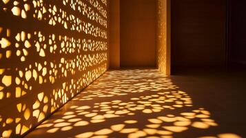 Intricate cut-out wall casting warm light patterns photo