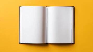 Open magazine with blank page on yellow background photo