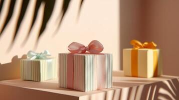 Pastel-colored presents arranged on a pink background photo