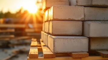 A stack of cement blocks on a pallet photo