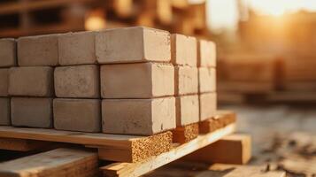 A stack of bricks sitting on a pallet photo