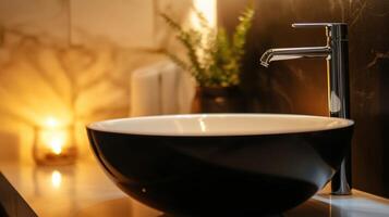 A black and white bowl sitting on a counter photo