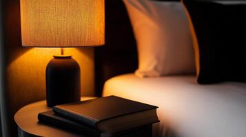 elegante lámpara y libro en cabecera mesa junto a cama adentro foto