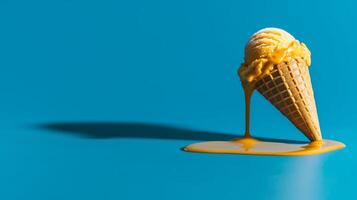 An ice cream cone is dripping with syrup photo