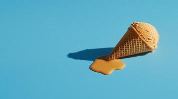 An ice cream cone with caramel drips on a blue background photo