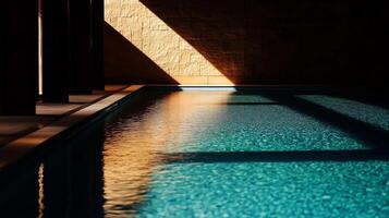 An indoor swimming pool with sunlight shining through the windows photo