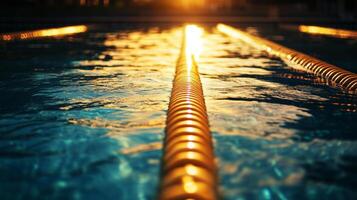 A swimming pool with a line of yellow swimming lanes photo