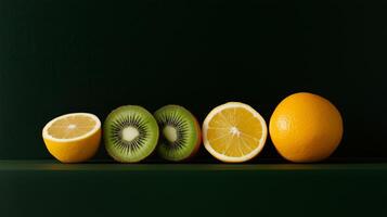 A group of oranges and kiwi fruit on a green background photo