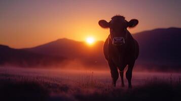A cow is standing in front of the sun photo