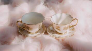 Two cups and saucers on a pink fur rug photo