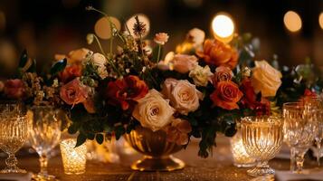A table setting with candles and flowers photo