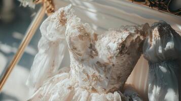 A wedding dress is displayed in front of a mirror photo