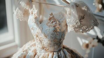 A wedding dress on a hanger in front of a window photo