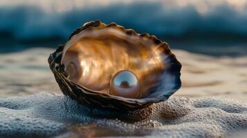 A pearl in a shell on the beach photo