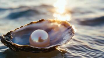 A pearl in an oyster shell on the ocean photo